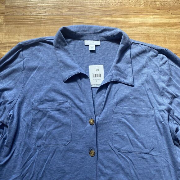J JILL NWT L Blue Button Up Cotton Modal Tunic Roll Tab Blouse Beachy Lagenlook - Picture 12 of 16